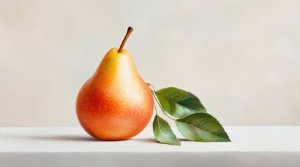 Still life of a pear with leaves.