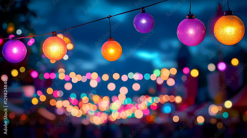 Aufkleber festive night scene with illuminated string lights and orbs against bokeh background