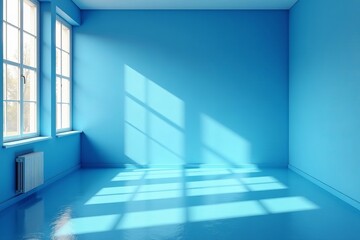 Fototapeta premium Empty blue interior with clean lines and natural light coming through large windows, empty, architecture