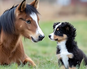 Fototapeta premium Horse and Puppy Meet in Pasture
