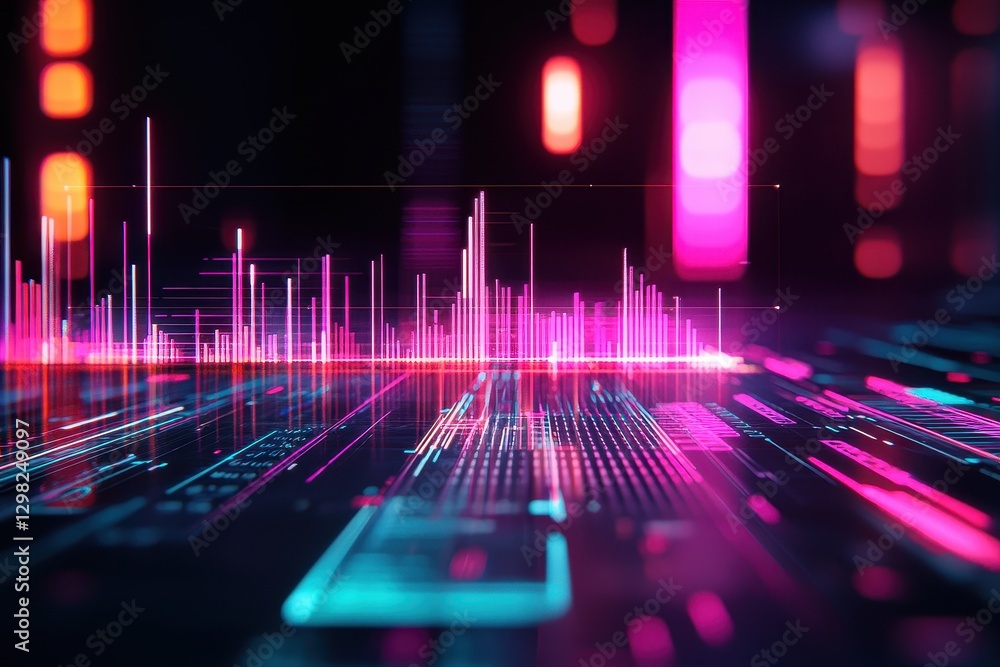 Poster abstract music and technology concepts with neon lights and financial data visualization in modern d