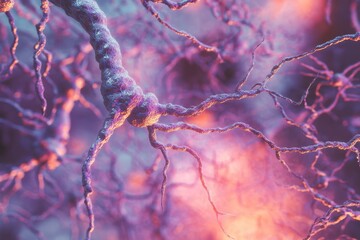 The image shows a close-up of neural connections, with glowing branches and nodes resembling neurons. The vibrant, abstract colors and soft lighting create a dynamic and intricate representation 