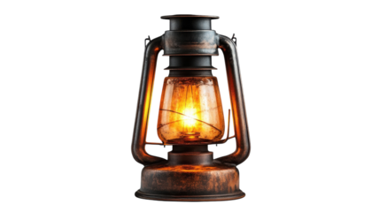 Vintage oil lantern glowing warmly with rustic charm in a dimly lit setting