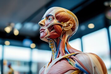 The image shows a detailed anatomical model of the human head and neck, highlighting muscles, veins, and nerves. The model is displayed in a bright environment, emphasizing its realistic structure.