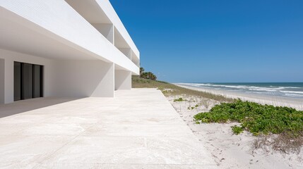 Modern Beachfront House Exterior, Sunny Day, Empty Terrace