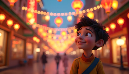 Obraz premium Cartoon boy looking up at illuminated street with hanging lanterns during Ramadan or Eid celebrations