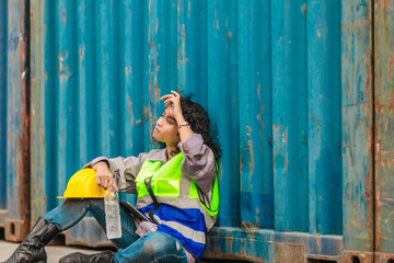 Exhausted Worker Resting at Container Yard.