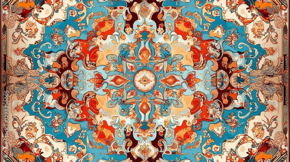 Poster islamic arabesque symmetry, intricate symmetrical patterns for rugs and tiles, featuring elegant lin