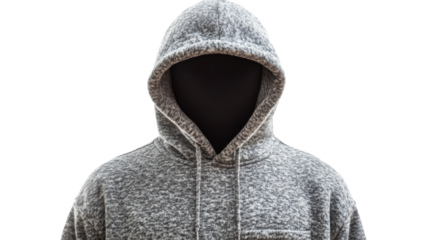 Hooded figure in gray sweatshirt against white background showcasing contemporary fashion style