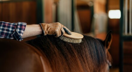 Person brushing horse in stable or barn Horse grooming and care
