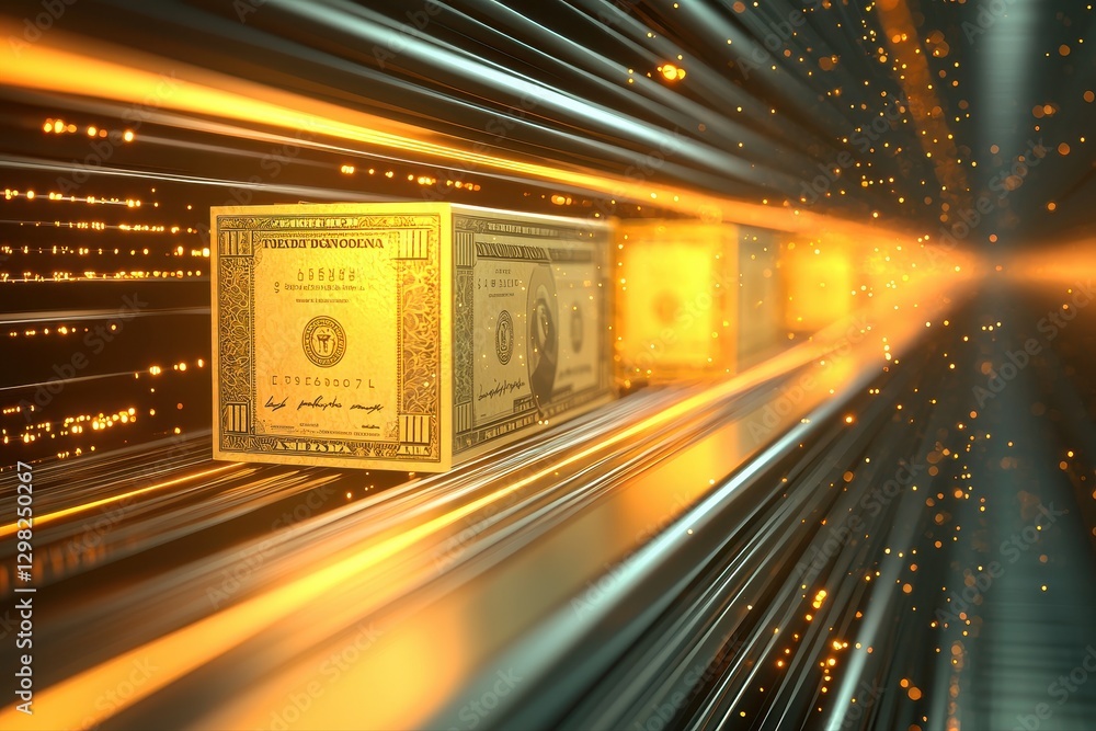Poster dollar bill displayed in a tunnel representing business and technology concepts in a 3d rendered ima