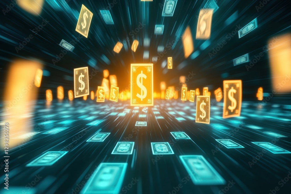 Poster dark room with glowing lights displaying numbers and business technology concepts in a 3d rendered s