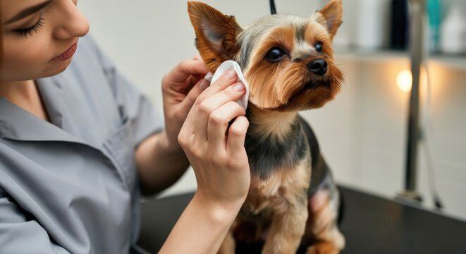 Person grooming small dog, cleaning its ear with cotton pad, in pet care setting