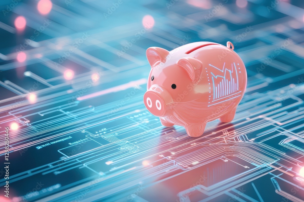 Poster piggy bank on circuit board representing finance technology and digital currency concepts in modern 
