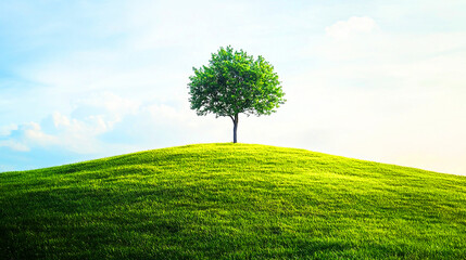 Obraz premium 青空の緑の丘に立つ一本の木 