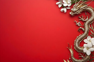 Naklejka premium Golden Dragon and White Blossoms 3D Illustration