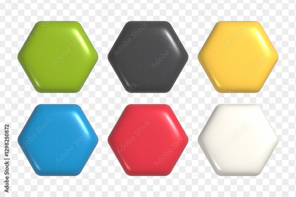Poster 3d realistic shapes set. colorful hexagonal buttons for ui ux design or mock-up template.