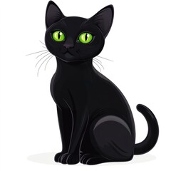 Fototapeta premium cartoon illustration cute elegant black cat with green eyes sitting isolated on white background