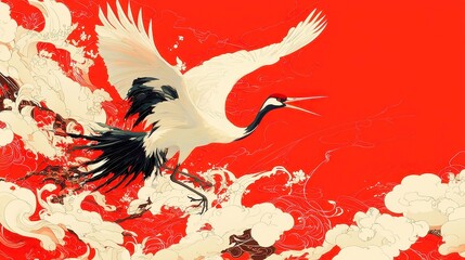 Japanese tsuru crane kimono seamless pattern, elegant line art design, features ample copy-space for text, ideal for fashion, textiles, or stationery applications