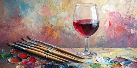 An exquisite oil painting captures a tilt of crimson wine in a glass resting on an aged wooden table, evoking elegance and warmth under soft lighting