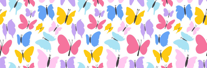 Bright and colorful summer pattern with cute flat butterflies. Trendy color butterfly seamless background.