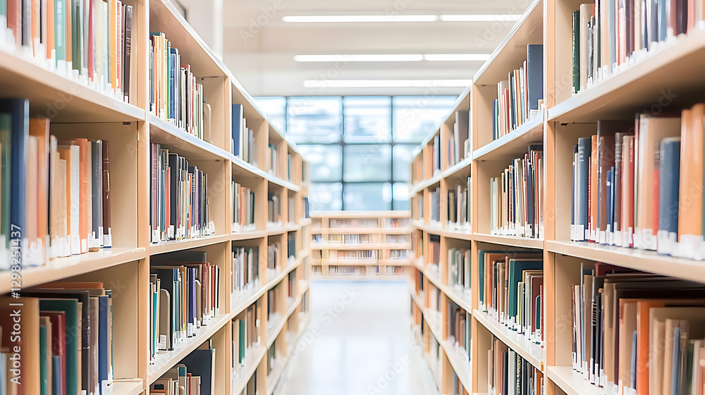 Poster symmetrical view of bookshelves filled with books in a library setting with bright lighting