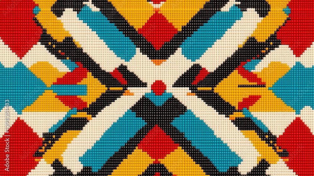Poster maasai-inspired seamless beadwork motif, intricate line art design for accessories, featuring vibran