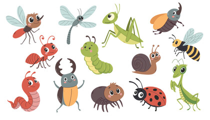 Cute bugs and insects cartoon characters. Happy insects in kids style.Mantis, mosquito, spider, caterpillar, worm, ladybug, snail, dragonfly, bee. Vector illustration © Jevgeniya Mukhitova