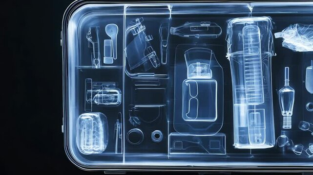 X-ray scan of a suitcase revealing various objects and travel essentials inside on a dark background