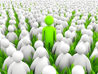 Green figure stands out in white crowd, grass