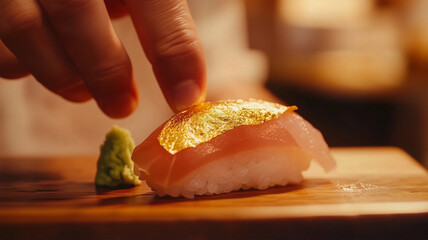 金箔が輝く極上の寿司、高級寿司店の贅沢なひととき