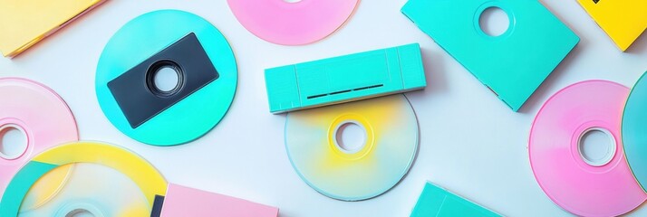 Colorful collection of vintage CDs and cassette tapes arranged creatively on a white background. Generative AI