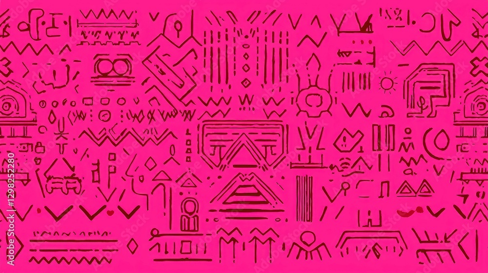 Poster mayan glyph tribal print, an intricate seamless design featuring bold line art patterns, ideal for f