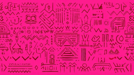 Fototapeta premium Mayan Glyph Tribal Print, an intricate seamless design featuring bold line art patterns, ideal for fabric applications with ample space for text or branding.