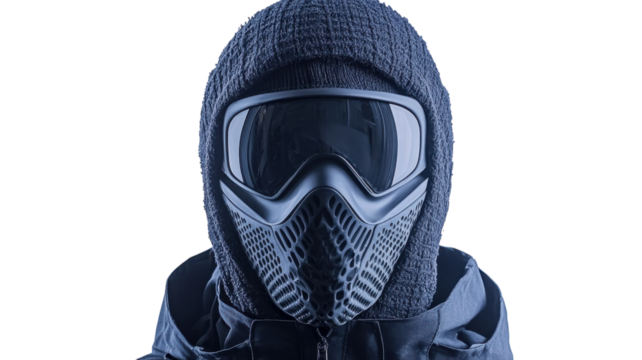 Mysterious figure in a black mask and goggles against a plain background at a winter setting - Powered by Adobe