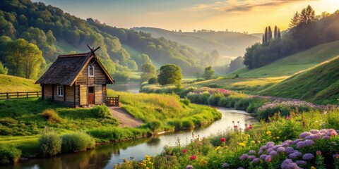 Serene Sunrise Over Rolling Hills, Wooden Cabin by a Gentle River, Vibrant Wildflowers in Bloom