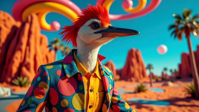 Retro Pop Fusion: 80's Aesthetics with a Birdman, Geometric Shapes