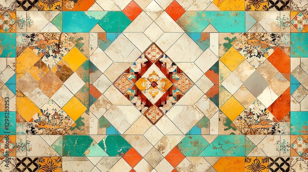 Poster moroccan riad courtyard tile design, intricate geometric patterns in a seamless layout, features ele