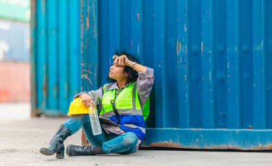 Exhausted Worker Resting at Container Yard.