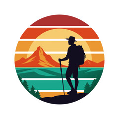 Illustration of a hiker against a mountain sunset vector