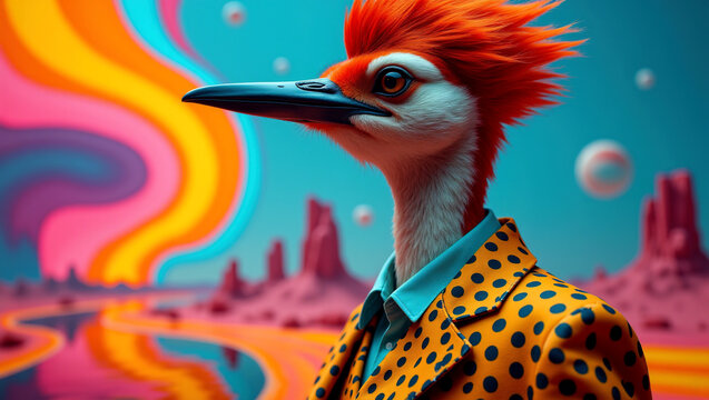 Retro Pop Fusion: 80's Aesthetics with a Birdman, Geometric Shapes