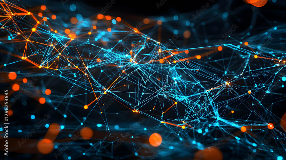 Aufkleber abstract digital network of orange and blue glowing nodes connected by lines on dark background