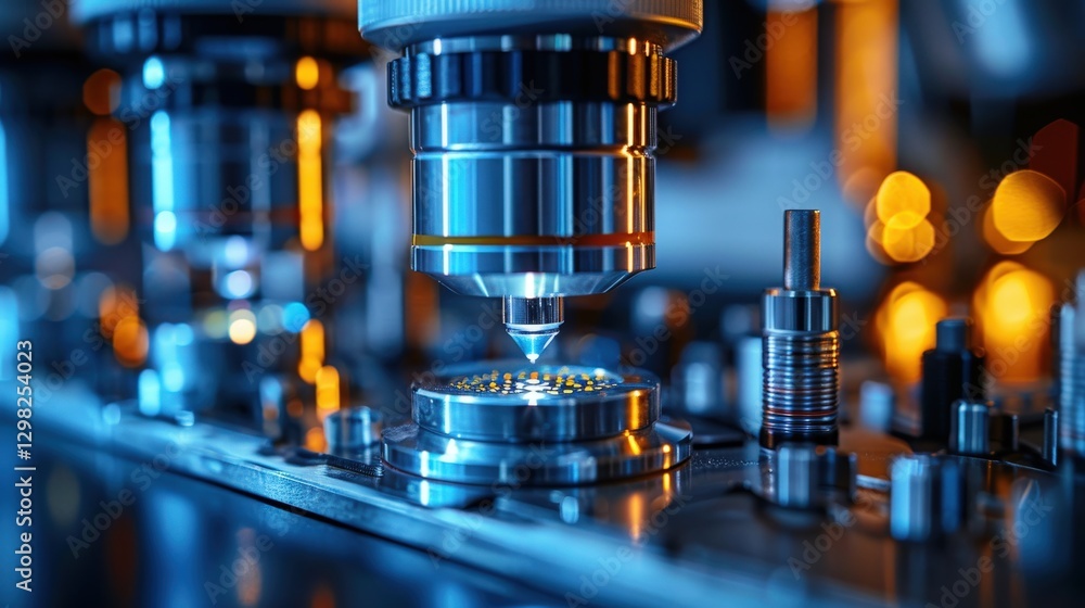Poster close-up of advanced scientific equipment, a microscope focusing on a microchip, showcasing technolo