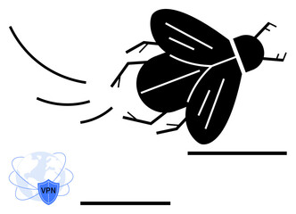 Black fly in flight with motion lines and VPN icon. Ideal for themes of cybersecurity, data privacy, global access, technology protection, privacy metaphor, online security, abstract line flat