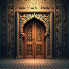 Intricate islamic door design glowing on a checkered floor, perfect for Ramadan or Eid celebrations