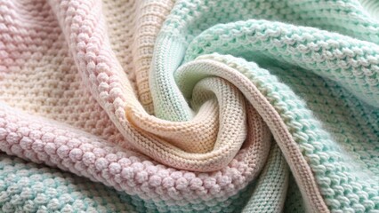 Fototapeta premium Soft Pastel Knitted Fabric Swirled Texture Detailing Various Knit Stitches and Color Transitions