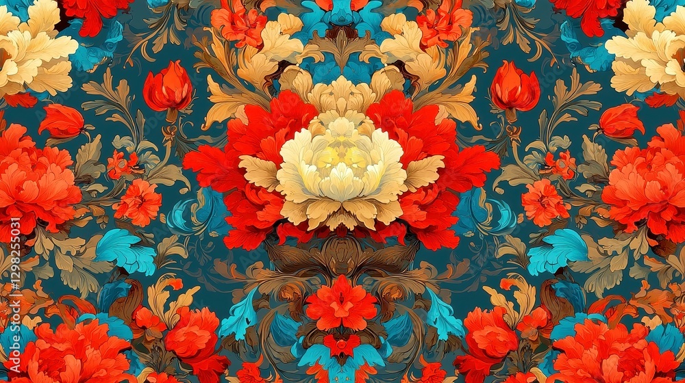 Poster ottoman tulip motif wallpaper, seamless pattern featuring elegant line art of tulips, ideal for deco