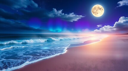 Beach sunset, full moon, cosmic sky, vibrant colors, dramatic clouds, purple and blue hues, crashing waves, serene shoreline, ethereal atmosphere, fantasy landscape, surreal ocean scene, dreamy lighti