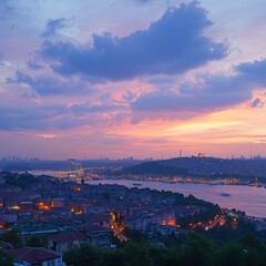 Obraz premium Istanbul view. Wide angle view of Istanbul and Bosphorus Bridge with cloudy sky at sunset. Selective focus.