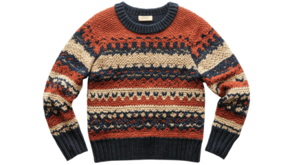 Colorful knit sweater featuring intricate patterns suitable for autumn wear in a cozy setting